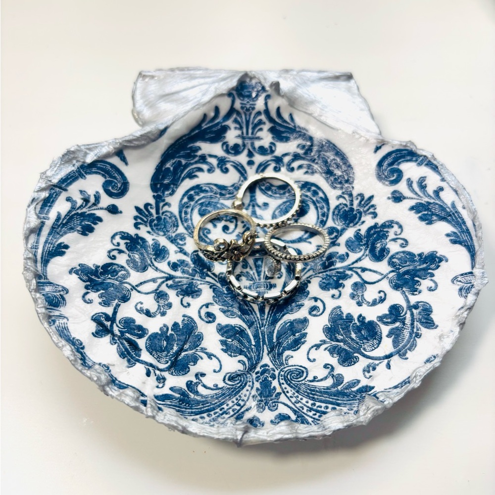 Handcrafted Scallop Shell Trinket Dish w/ Blue Floral Motif Design